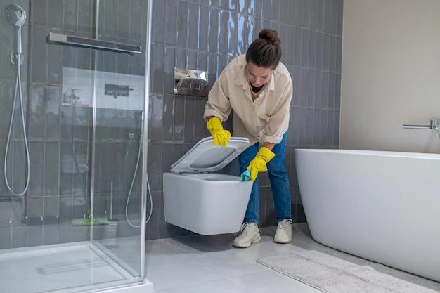 Spray surfaces like countertops, sinks, and shower/tub with an all-purpose cleaner or a homemade solution of vinegar and water. Let it sit while you move on to other areas.