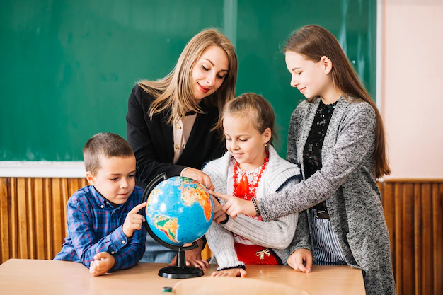 school-teacher-students-working-with-globe