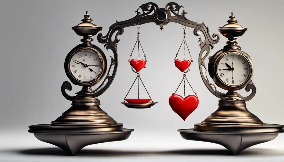 Image of a person managing work-life balance by balancing on a scale with a clock on one side and a heart on the other